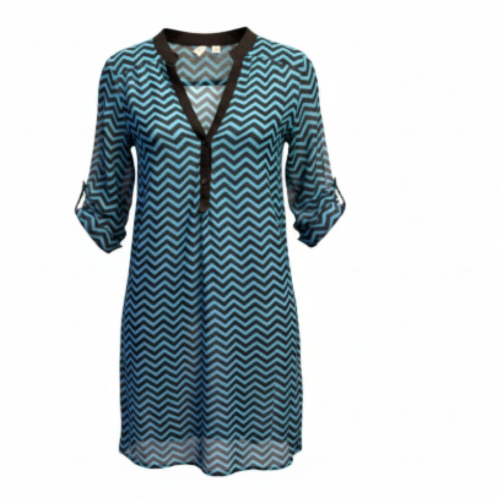 Womens Swim Cover-Up Large Black Teal Semi Sheer Zig Zag Beach Resort Cruise EUC